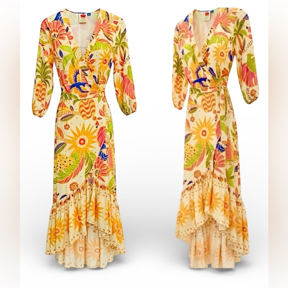Farm Rio by Anthropologie Wrap Ruffled Hem Multicolor Floral High Low Dress M